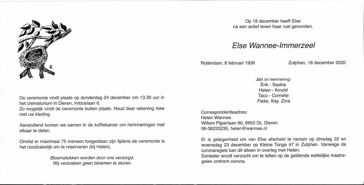 In memoriam Else Wannee-Immerzeel (1936-2020)